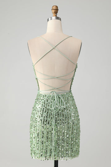 Sparkly Green Bodycon paljetter snører opp kort hjemkomstkjole